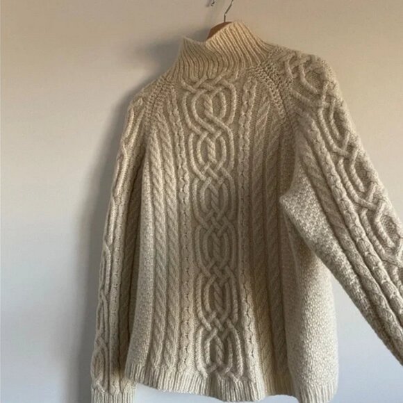 SOLD Cream Hand Knit Cable Wool Sweater - Picture 2 of 9